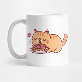 Cute Chubby Orange Tabby Cat Eating Spaghetti Pasta Mug